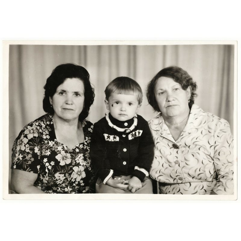 1970s A boy and grandmothers? Mom? Women. Fashion Russian Vintage Photo