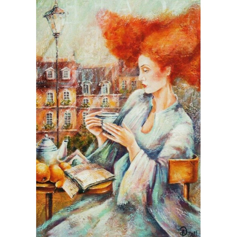 Pretty LADY Woman read Book Tea Party Time Yana Fefelova Russian Modern Postcard