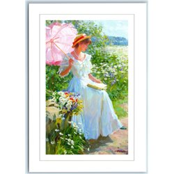 Pretty LADY read BOOK in Garden Summer time Flower by Averin NEW Russia Postcard