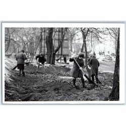 Women Worker Cleaning leaves Broom Construction USSR Soviet Original Photo