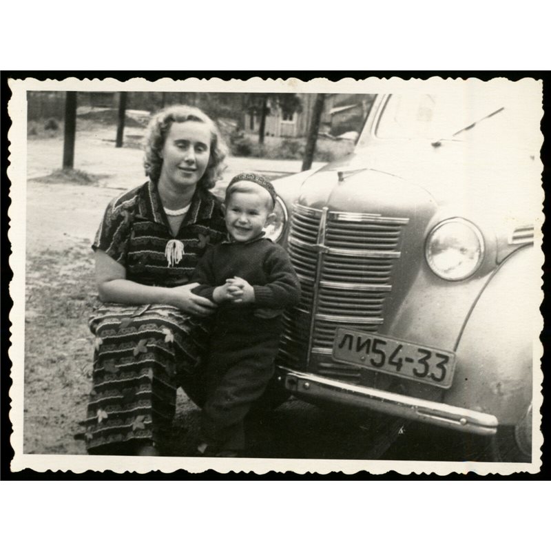 1950s LITTLE BOY in Costume with Woman Classic Soviet Car Russian vintage photo