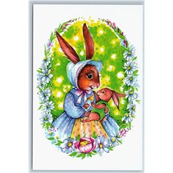 BUNNY RABBIT with baby Hare Maternity Art Russian Modern postcard