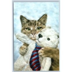 CAT with TEDDY BEAR TOY Friends Art Russian Modern postcard