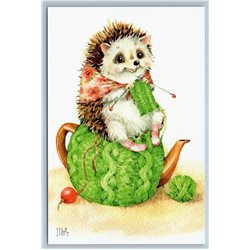 HEDGEHOG knits a scarf on a Teapot Art Russian Modern postcard