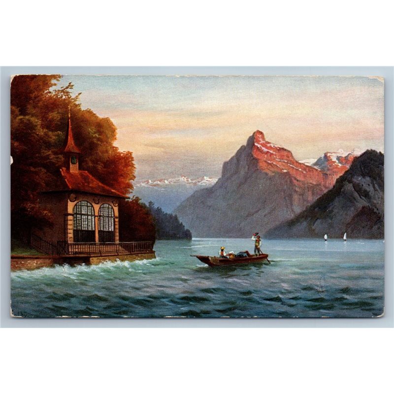 1900's BOAT in Sea near Mountains Landscape Seascape Antique Postcard