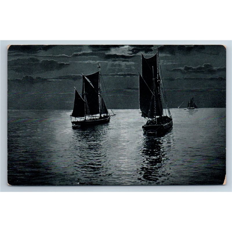 1900's SAILING SHIP Boat in Night Sea Seascape Antique Postcard