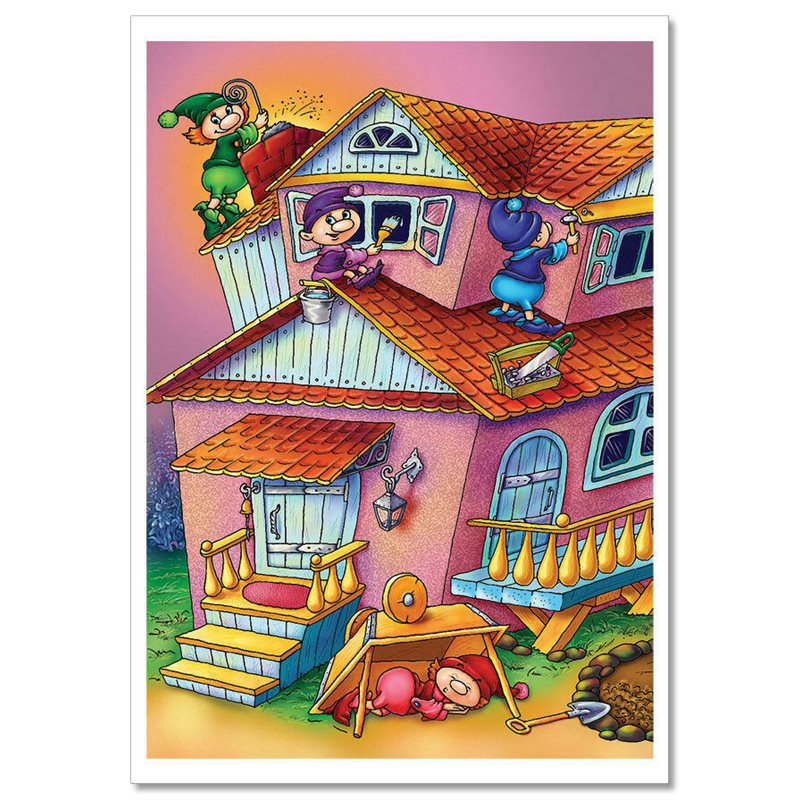 GNOME Dwarves are building a house FUNNY Tale New Unposted Postcard