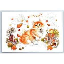 RED CAT Kitten in Fall Town CUTE New Unposted Postcard