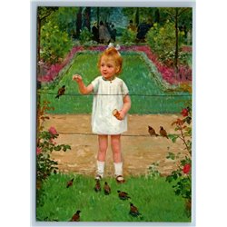 LITTLE GIRL play with Birds in Park Summer by Gilbert New Unposted Postcard