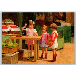 LITTLE GIRLS play in Shop Scales vegetable market by Gilbert New Postcard