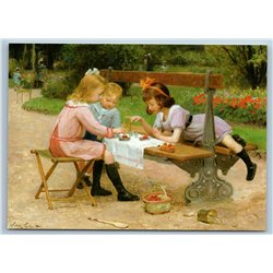 LITTLE GIRLS & BOY play in Teatime on the bench by Gilbert New Unposted Postcard