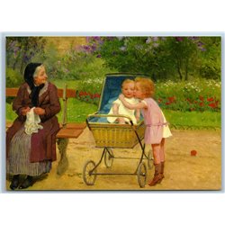 LITTLE GIRLS in baby Carriage Grandmother in Park by Gilbert New Postcard