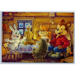 BEAR, BUNNY RABBIT, Squirrel and Hedgehog Tea Time Russian New Postcard