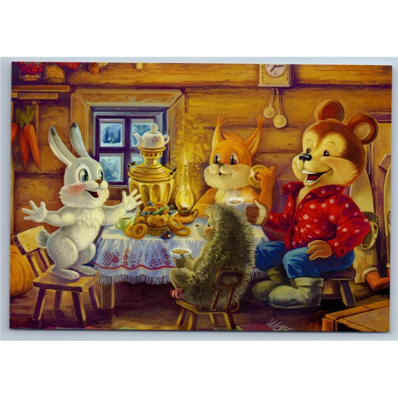 BEAR, BUNNY RABBIT, Squirrel and Hedgehog Tea Time Russian New Postcard