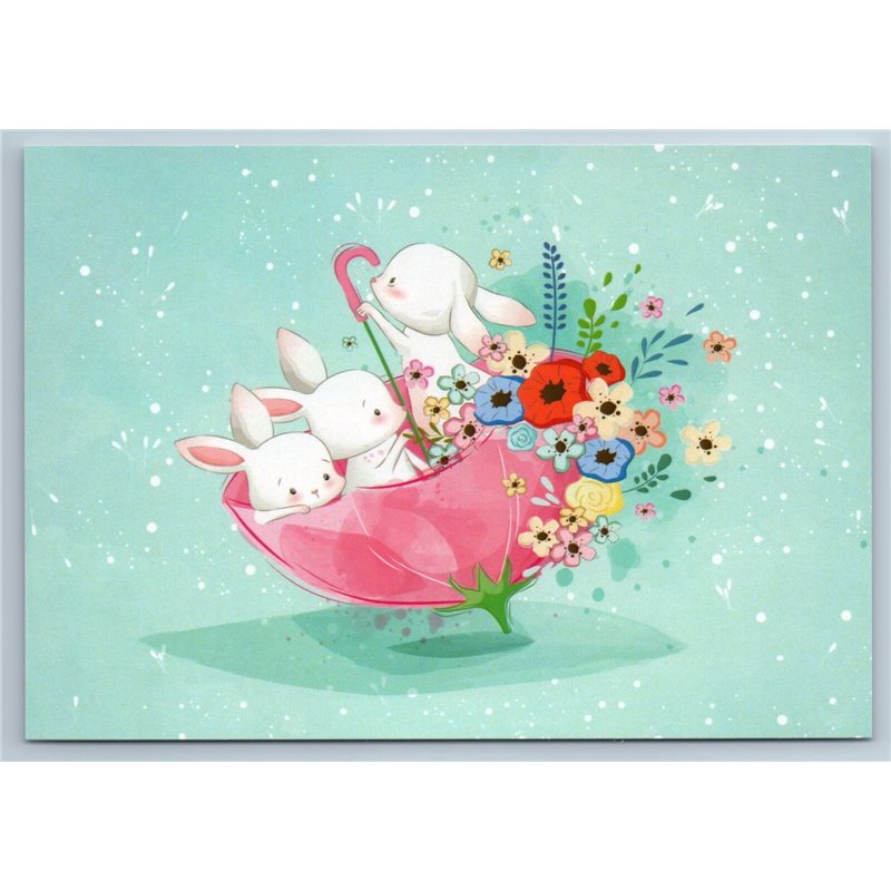 CUTE WHITE BUNNY RABBIT in Umbrella Flowers Russian Unposted Postcard