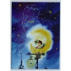 LITTLE GIRL looks on CAT Constellation Starry Sky Fantasy New Unposted Postcard