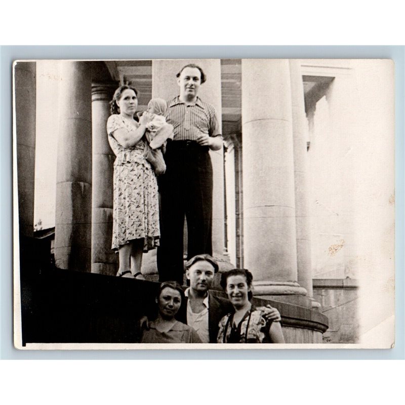 1950s SOVIET GROUP Men, Woman & Baby Pillar Russian Photo