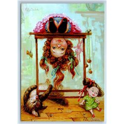 FUNNY LITTLE GIRL play with CAT DOLL Comic by Dudnik New Unposted Postcard