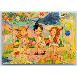 LITTLE GIRLS rest in Garden on Banch Fashionista by Dudnik New Postcard