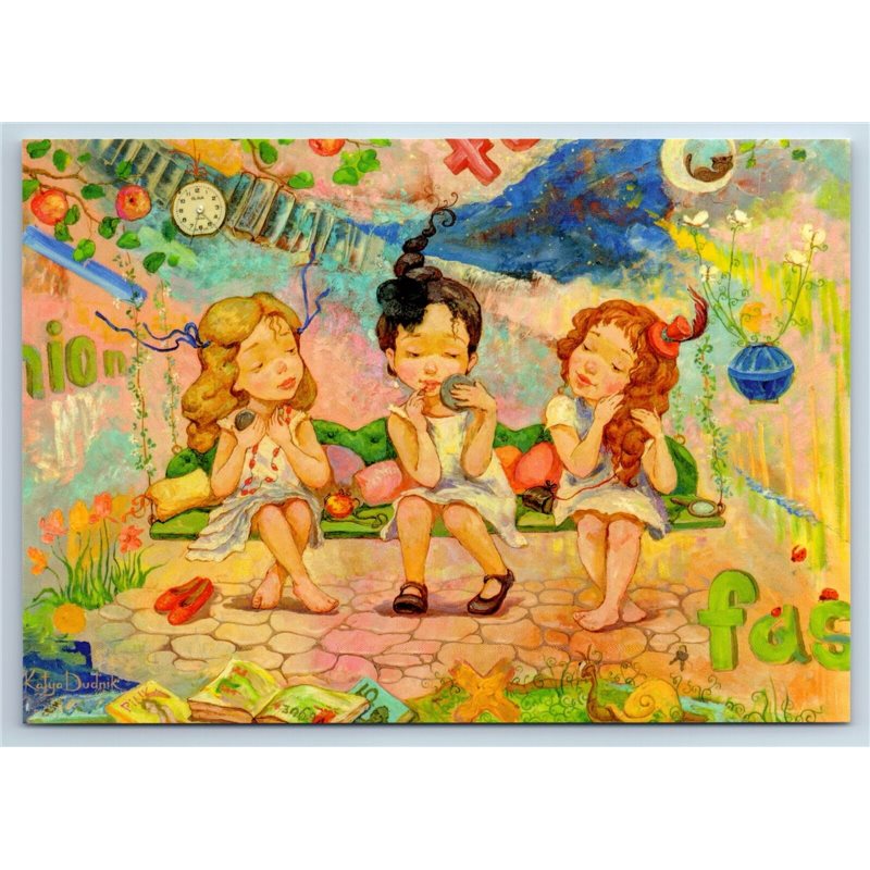 LITTLE GIRLS rest in Garden on Banch Fashionista by Dudnik New Postcard