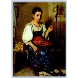 LITTLE GIRL with Spindle in Russian Ethnic Costume New Unposted Postcard