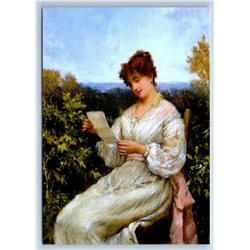 YOUNG WOMAN LADY read LETTER Garden White Dress by Olive New Postcard