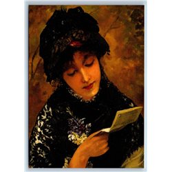 YOUNG WOMAN LADY read LETTER in Black Dress by Olive New Unposted Postcard