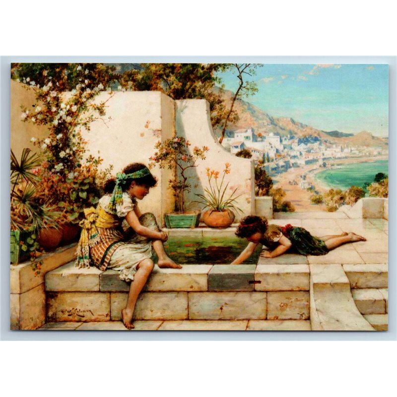 LITTLE GIRLS near Pool Greek Seascape  Sea by Coleman New Unposted Postcard