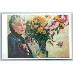 ELDERLY WOMAN Autumn Flowers Portrait by Sokolov Rare Russia Postcard