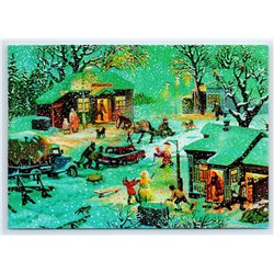 RUSSIAN CITY Evening Snow Car Peasant Snowman Ethnic New Postcard