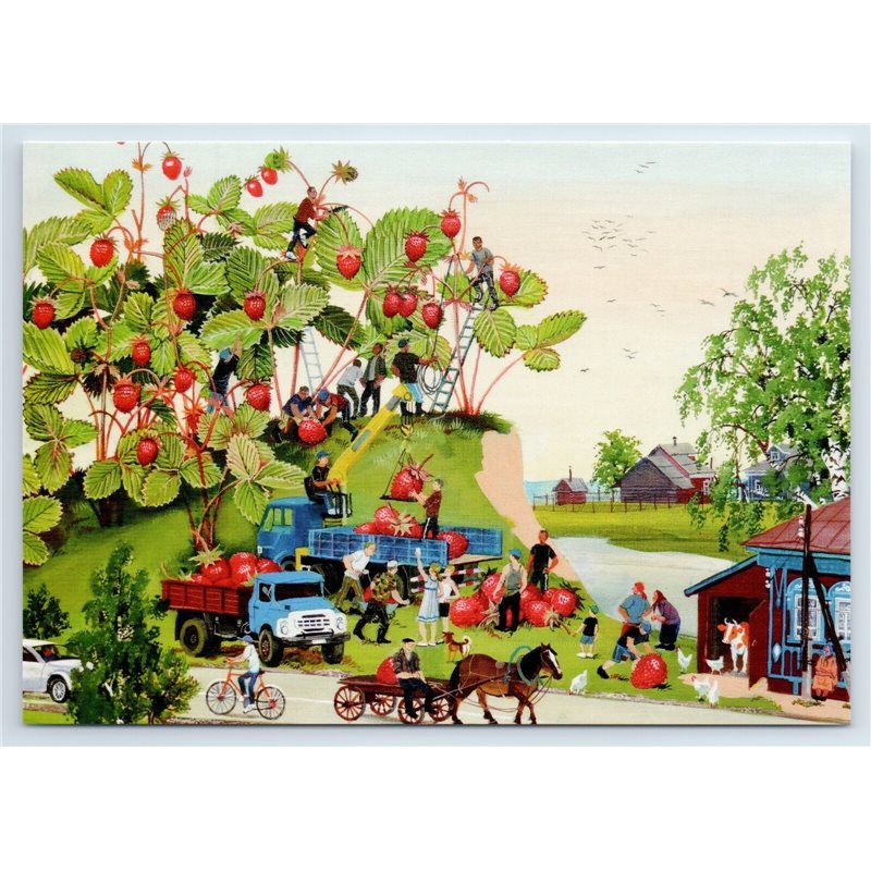 WILD STRAWBERRY Fantasy City Harvest Peasant Russian New Postcard