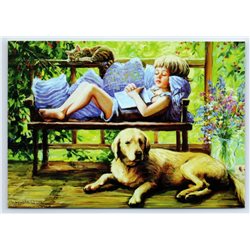 LITTLE KID sleeps with BOOK on Bench CAT DOG Friends New Unposted Postcard