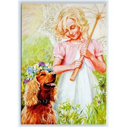 LITTLE GIRL with Sun Umbrella and DOG Setter on Meadow New Postcard