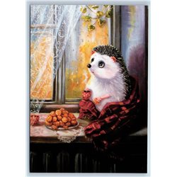 SAD HEDGEHOG on Window with Tea Cup and Cookie Fantasy New Postcard