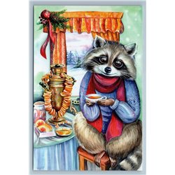 CUTE RACCOON drinking Tea Teatime SAMOVAR Xmas by Romanyuk New Postcard