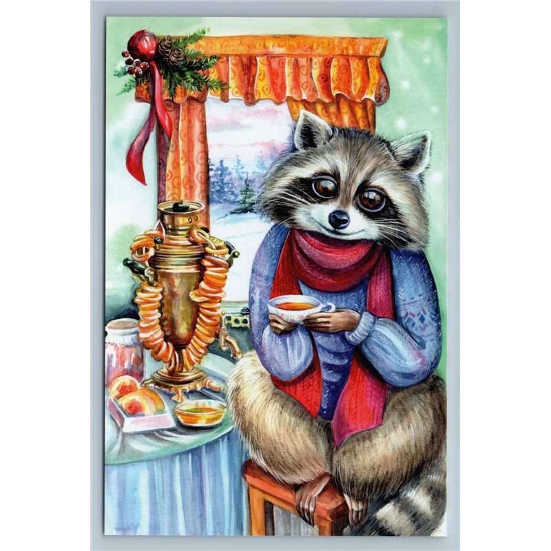 CUTE RACCOON drinking Tea Teatime SAMOVAR Xmas by Romanyuk New Postcard