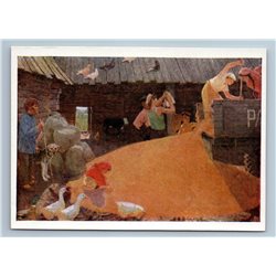 1959 HARVEST CORN in Kolkhoz Socialist Realism by Plastov Art Vintage Postcard