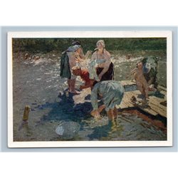 1958 PEASANT LAUNDRESSES on River Soviet Womab by Tkachev's Art Vintage Postcard