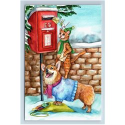 CAT Corgi DOG and MOUSE send Xmas Letter Mailbox Snow Funny New Modern Postcard