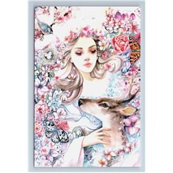 PRETTY GIRL LADY Nature with Deer Fawn Birds Nest Flowers New Unposted Postcard