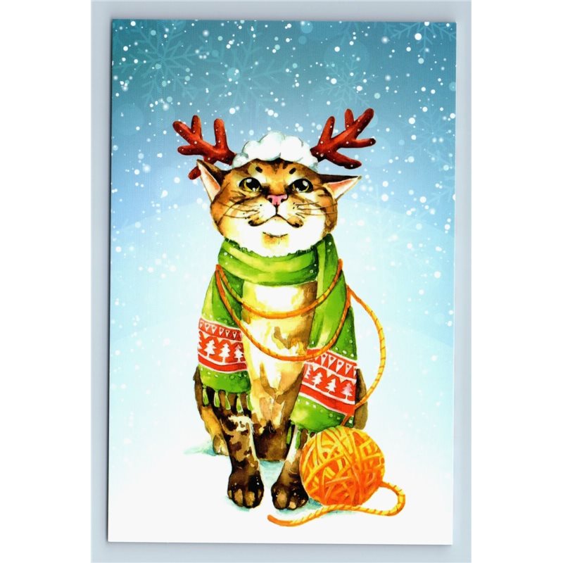 FUNNY CAT in CHRISTMAS Costume Deer Snow Time Scarf New Unposted Postcard