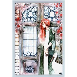 PRETTY GIRL with Long Hair and HERON near DOOR Rose New Unposted Postcard