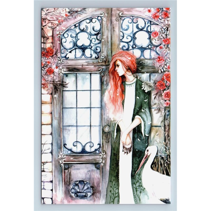 PRETTY GIRL with Long Hair and HERON near DOOR Rose New Unposted Postcard