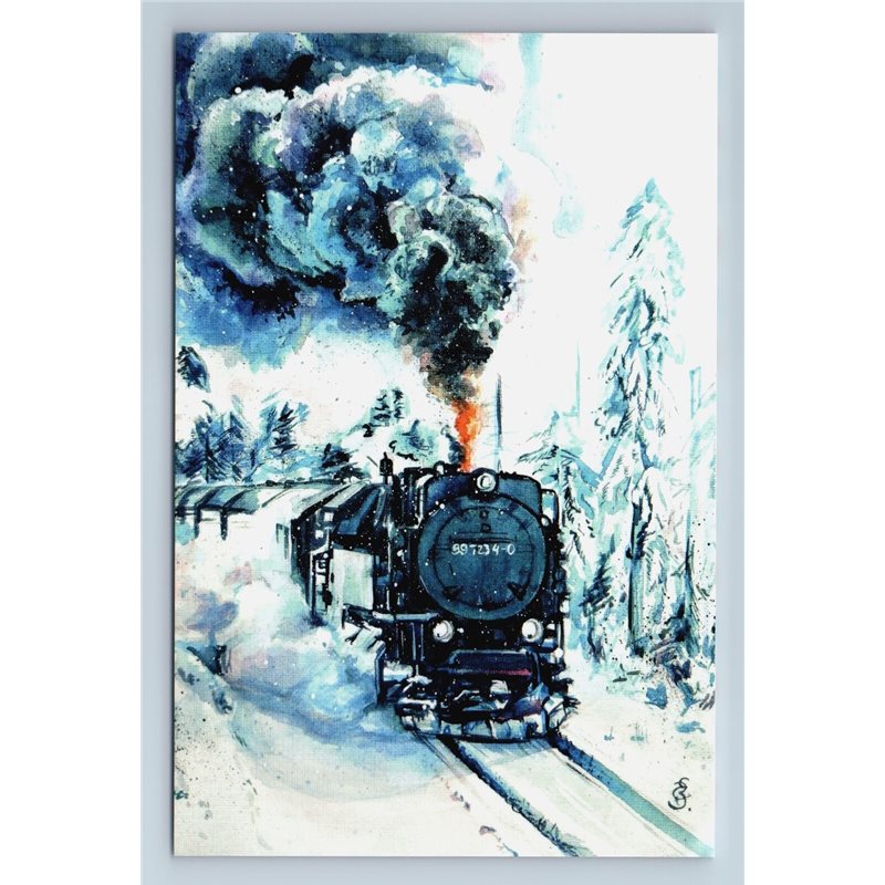 WINTER EXPRESS Locomotive Steam Railroad in Snow Winter New Unposted Postcard