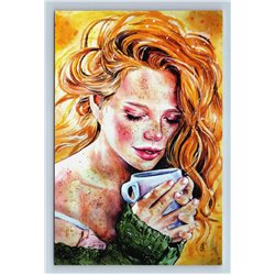 REDHEAD PRETTY GIRL with Cup Coffee Teatime Lady New Unposted Postcard