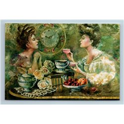 TWO LADYS WOMEN drink TEA Teatime Cup Clock Rose Friends New Unposted Postcard