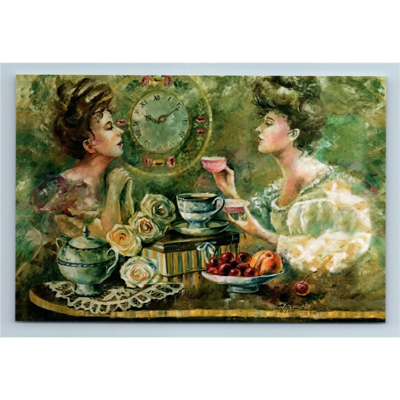 TWO LADYS WOMEN drink TEA Teatime Cup Clock Rose Friends New Unposted Postcard