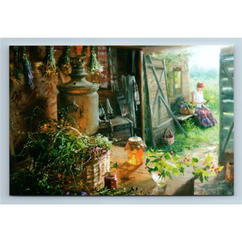 RUSSIAN HAYLOFT Samovar Woman Spices Tea herbs by Zhdanov New Unposted Postcard