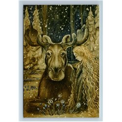 PRETTY GIRL and ELK in Forest Snow Snowdrops Nature Animal New Unposted Postcard