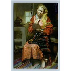 PRETTY WOMAN with Necklace Russian Peasant House Ethnic Folk New Postcard